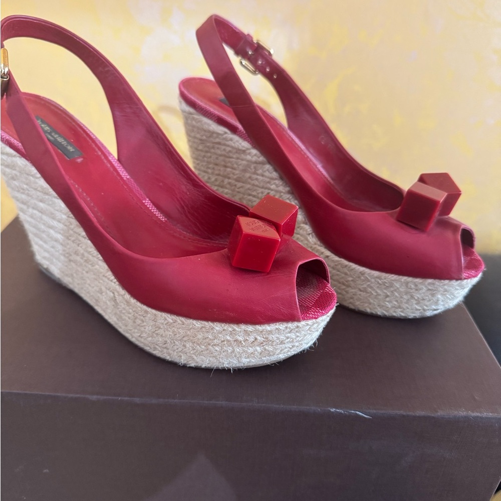 Louis Vuitton Red Wedge Slingback Sandals Gently Used Size 40